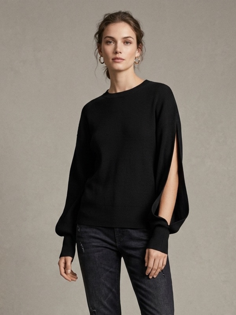 White Birch Sweater Slit Sleeve Ribbed Black Size S
